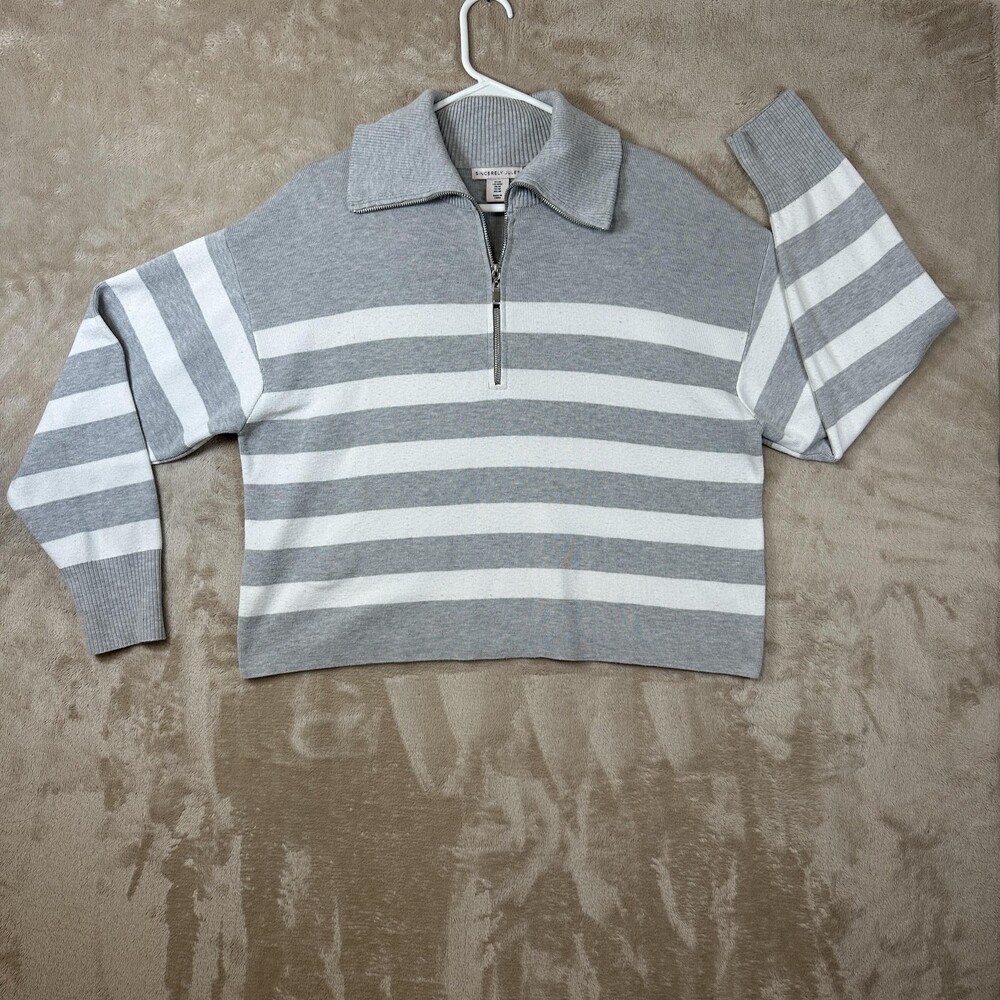 Sincerely Jules Sweater Womens Medium Gray White Stripe Half Zip Collared Knit